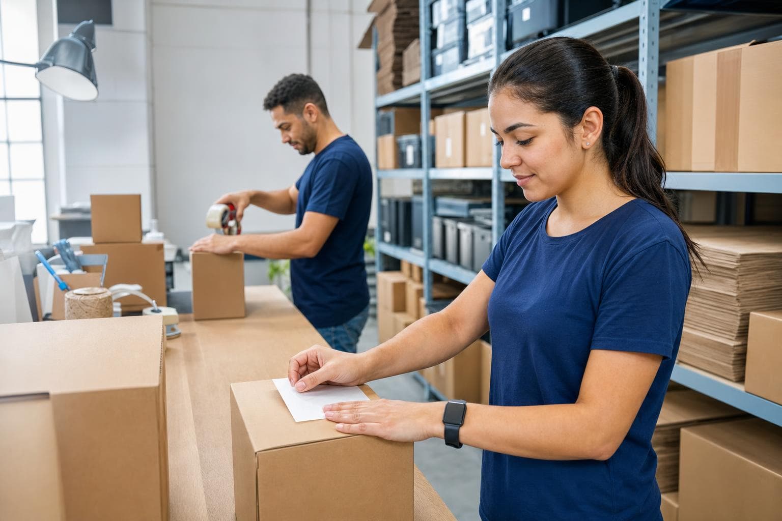 Equipe embalando pedidos e aplicando etiquetas em uma central de expedição