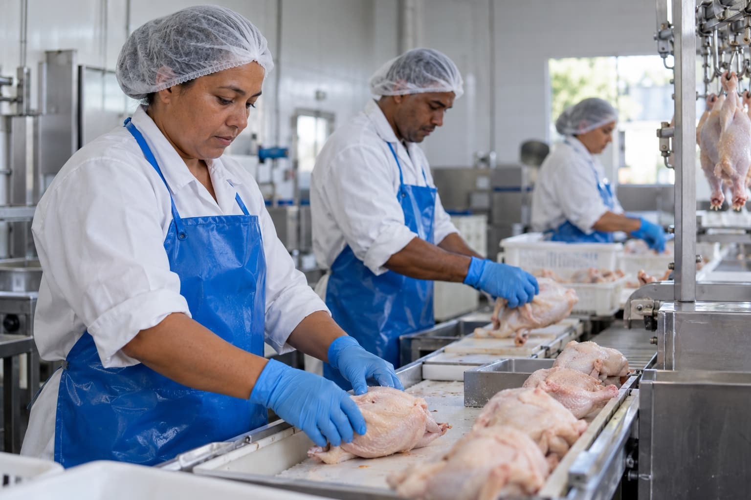 Funcionários de jaleco branco, avental azul e touca numa pequena linha de processamento de aves em sala de inox