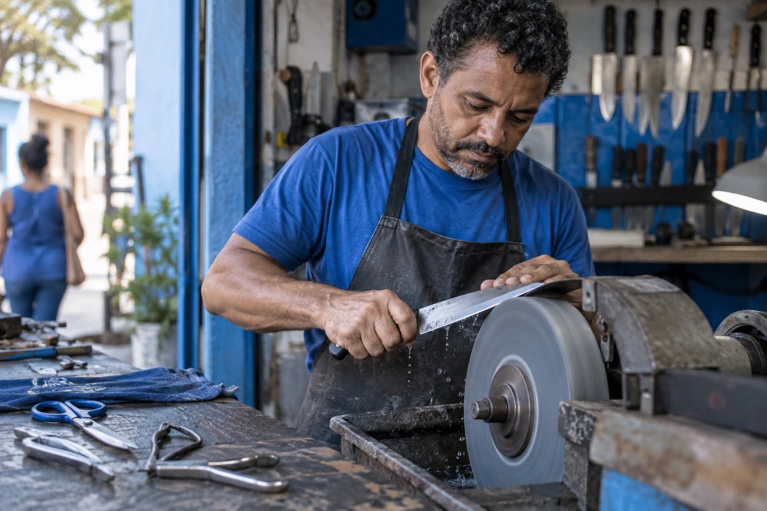 Artesão afiando uma faca de cozinha num rebolo em pequena oficina, com tesouras e alicates de cutícula sobre a bancada