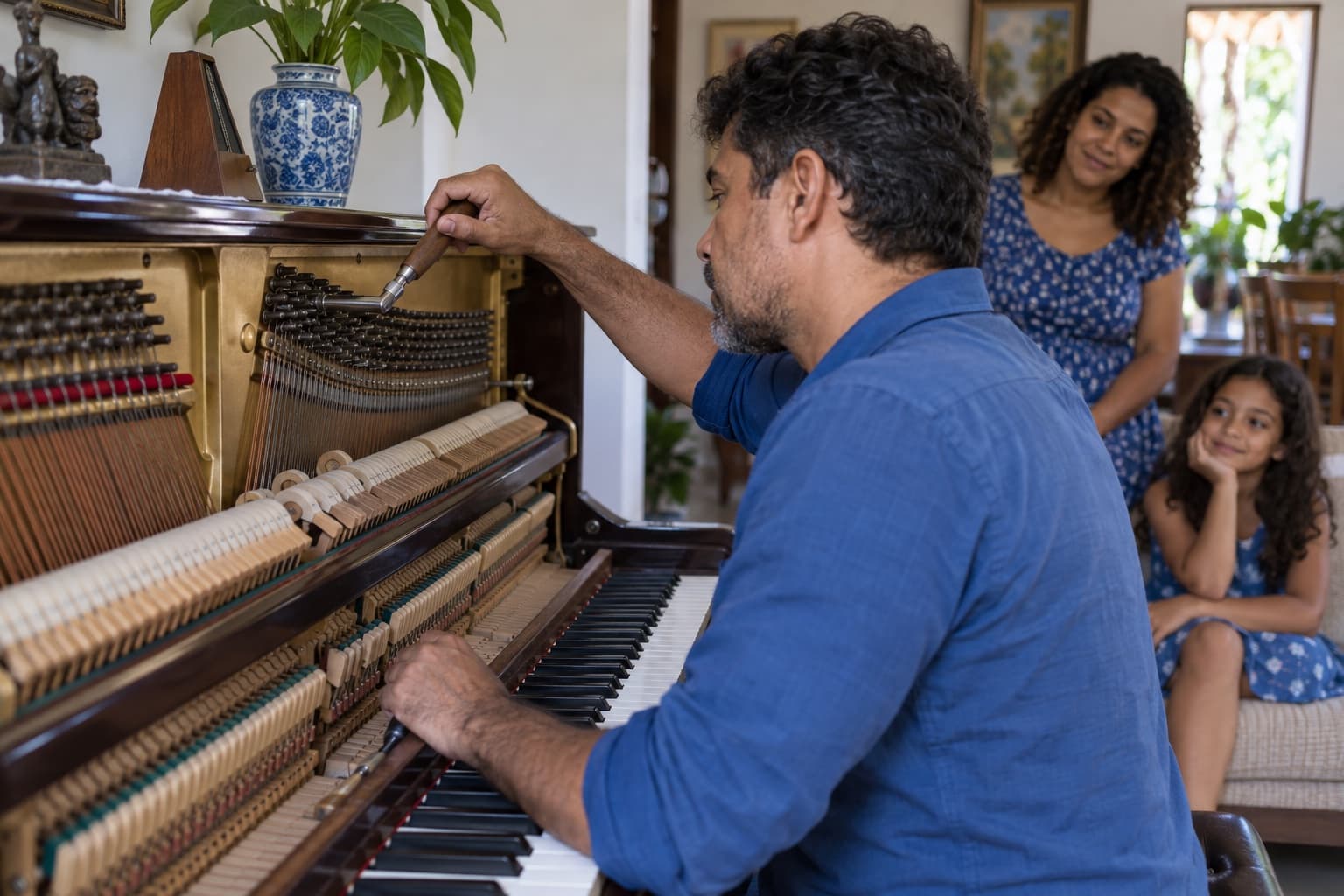 Afinador com chave de afinação trabalhando dentro de um piano vertical aberto na sala de uma casa, concentrado nas cordas e martelos