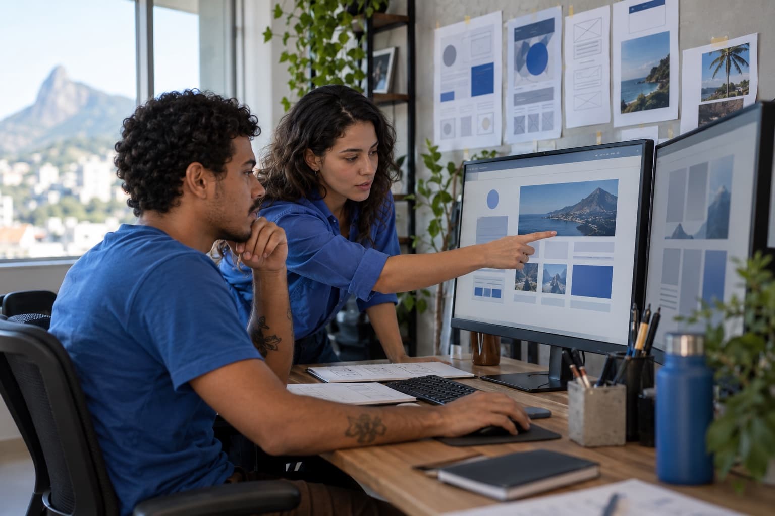 Dois jovens designers de camisa azul revisando o layout de um site em monitores grandes, com rascunhos e wireframes presos na parede do escritório