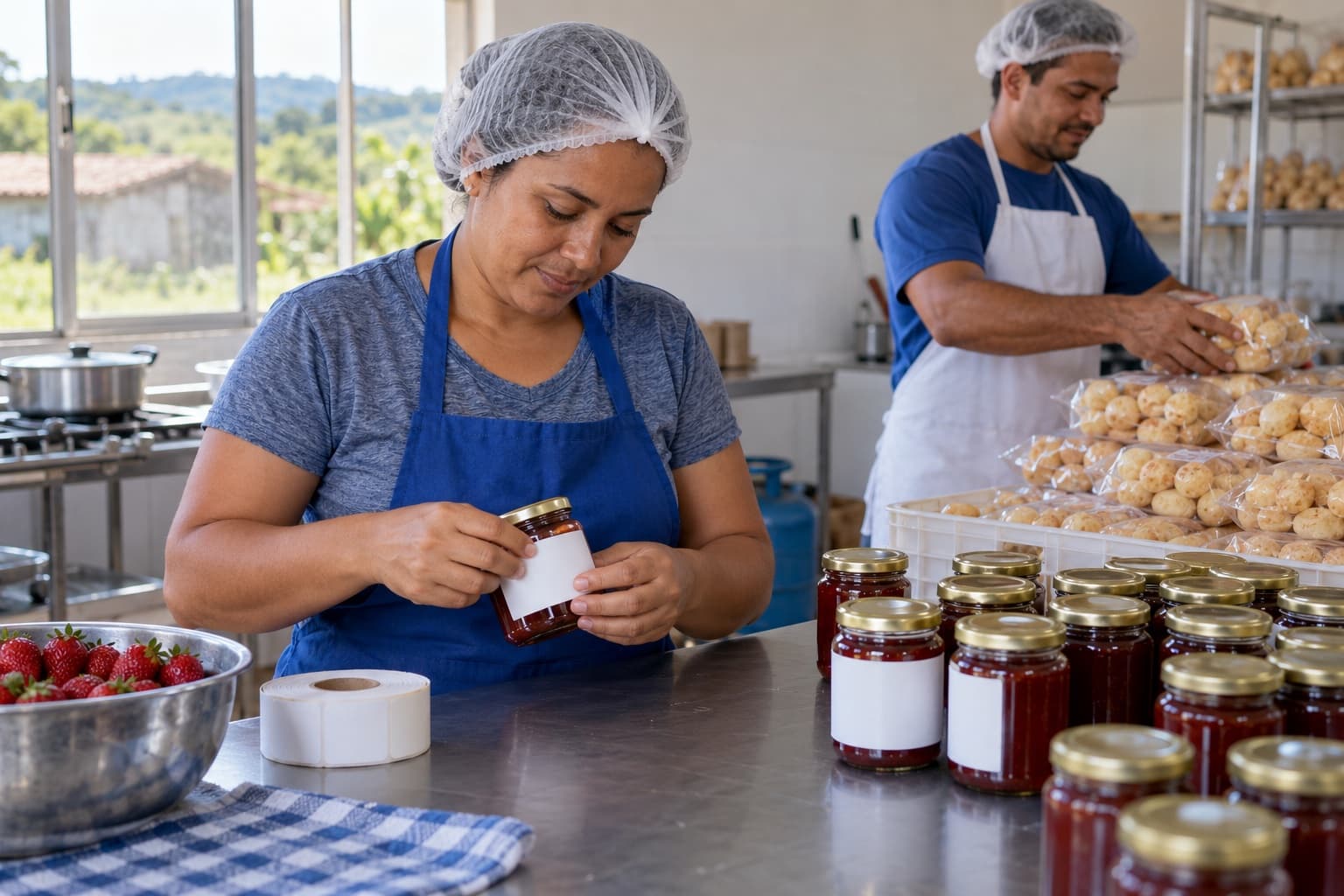 Mulher de avental azul rotulando potes de geleia numa cozinha de agroindústria familiar enquanto um homem empilha pacotes ao fundo