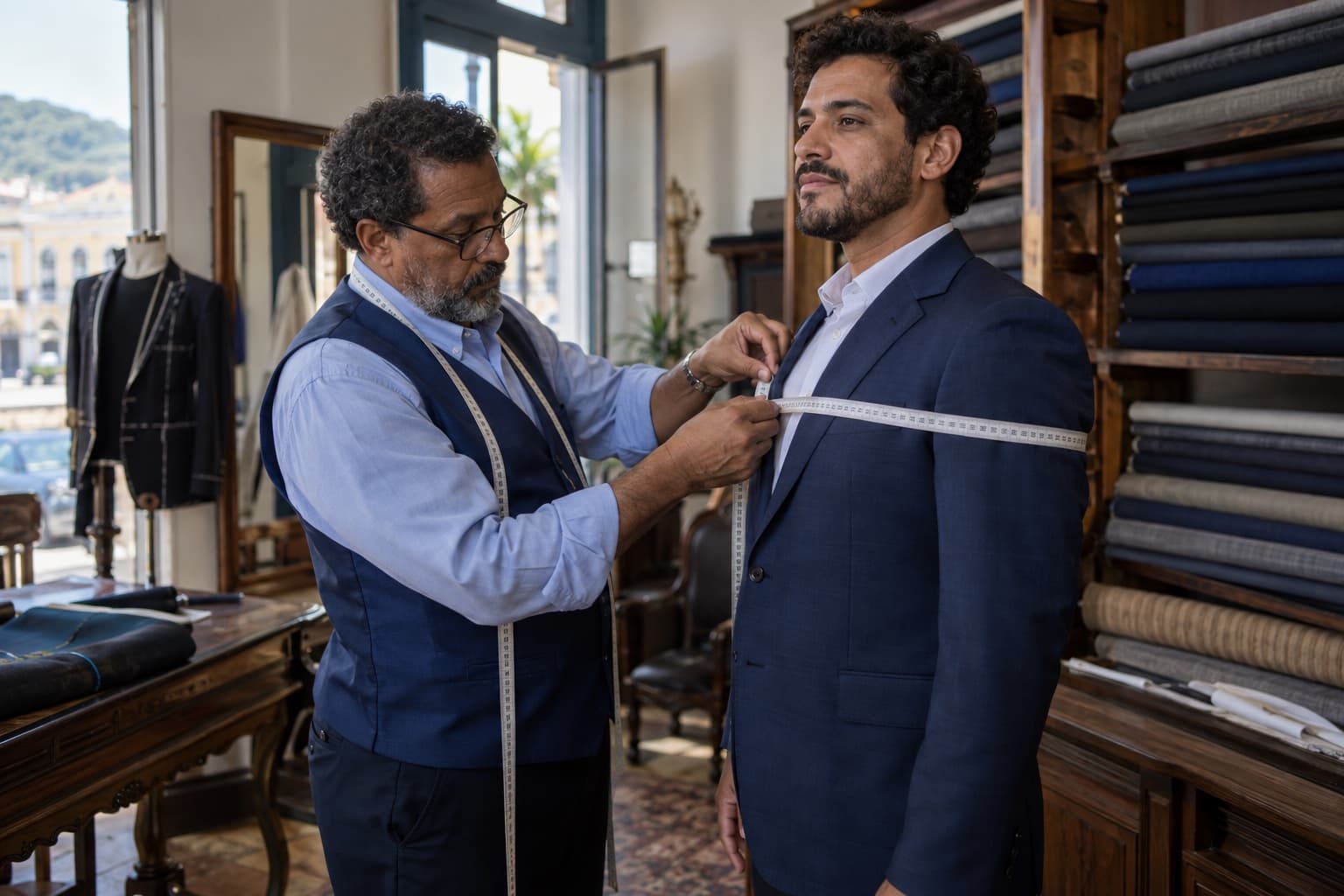 Alfaiate de colete azul tirando as medidas do peito de um cliente de paletó numa alfaiataria com peças de lã nas prateleiras