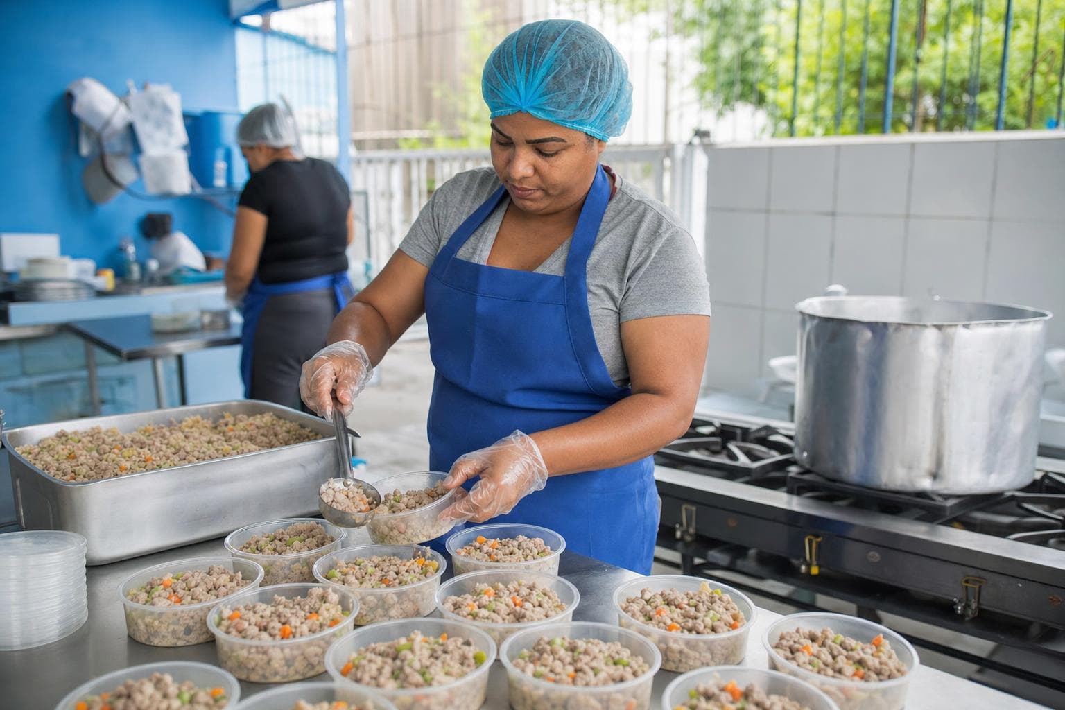Funcionária porcionando comida natural para cães em potes numa cozinha industrial pequena