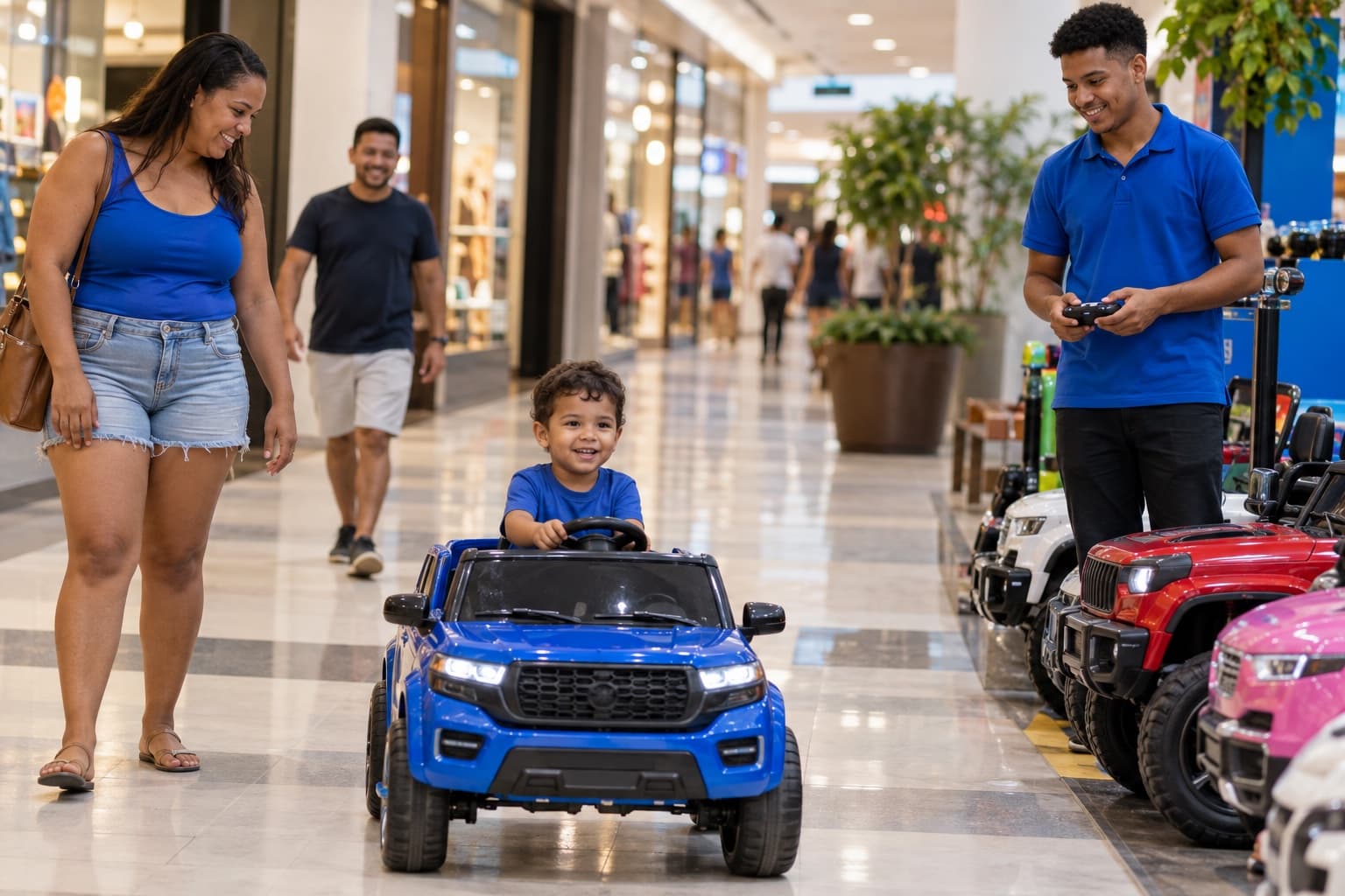 Criança dirigindo um carrinho elétrico infantil no corredor de um shopping enquanto o pai observa, com o atendente de polo azul segurando o controle ao lado de outros carrinhos coloridos