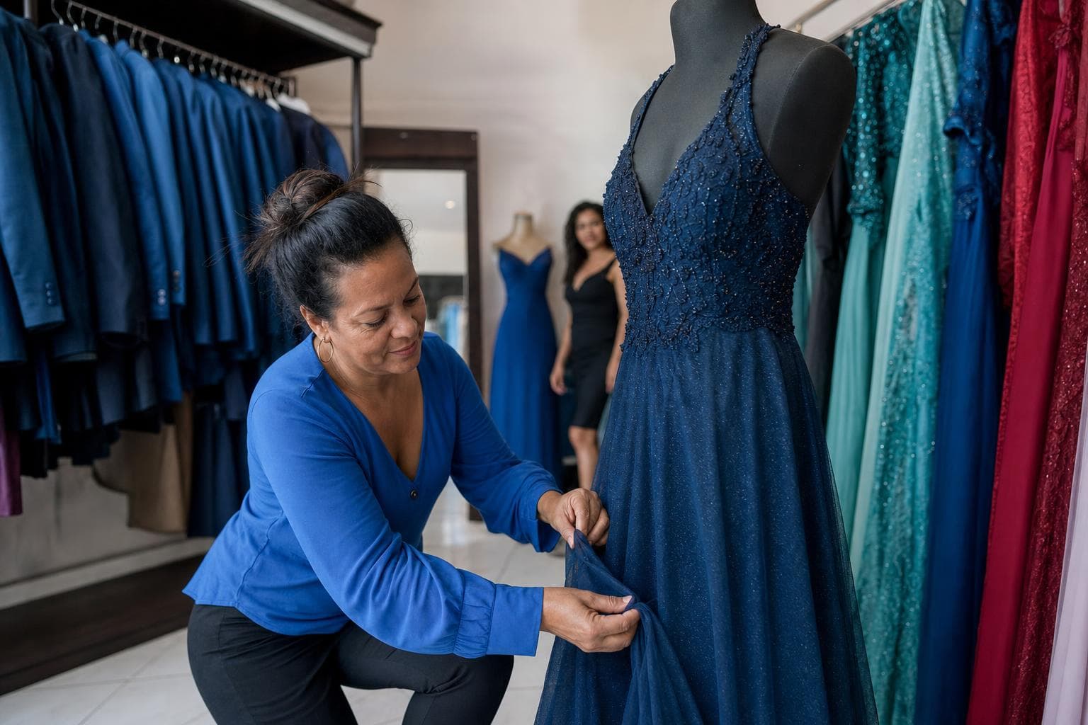 Costureira ajustando a barra de um vestido de festa em uma loja de aluguel de trajes