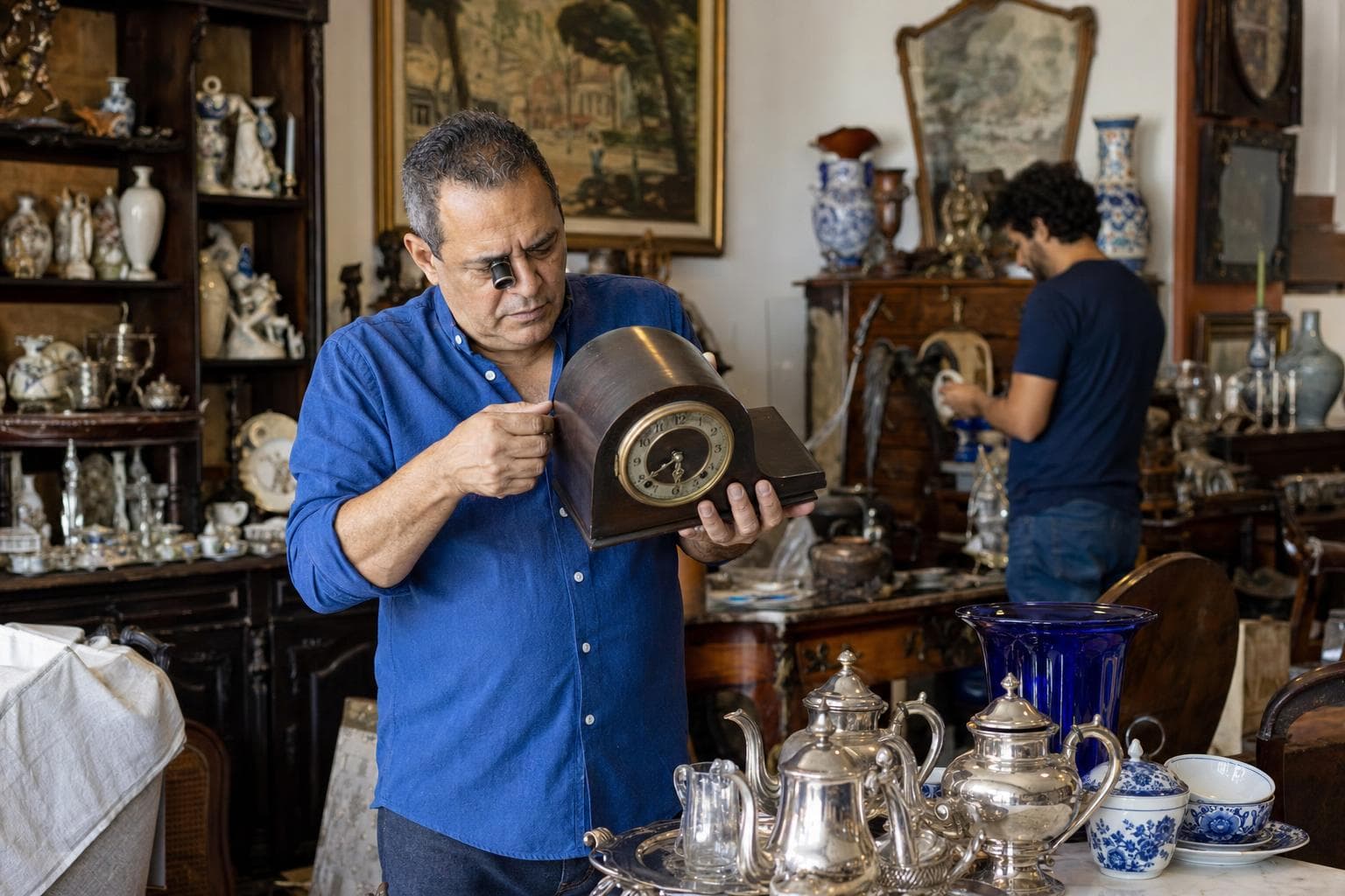 Antiquário examinando um relógio de mesa antigo em sua loja cheia de móveis e peças de época