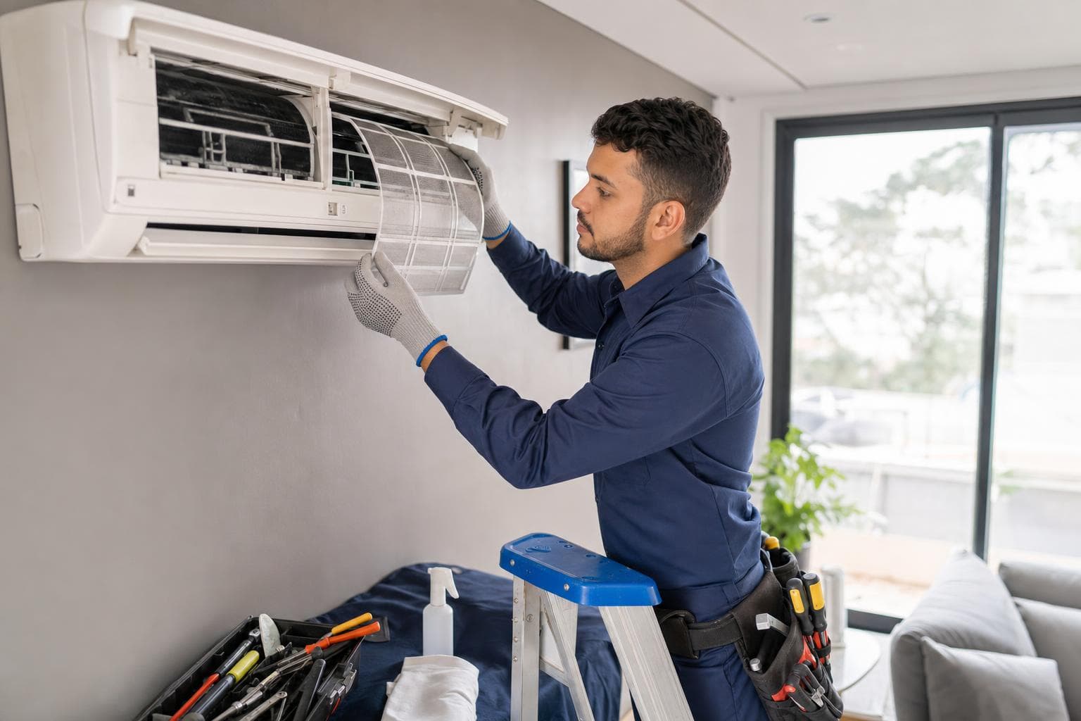 Técnico em escada fazendo manutenção do filtro de um ar-condicionado split instalado na parede