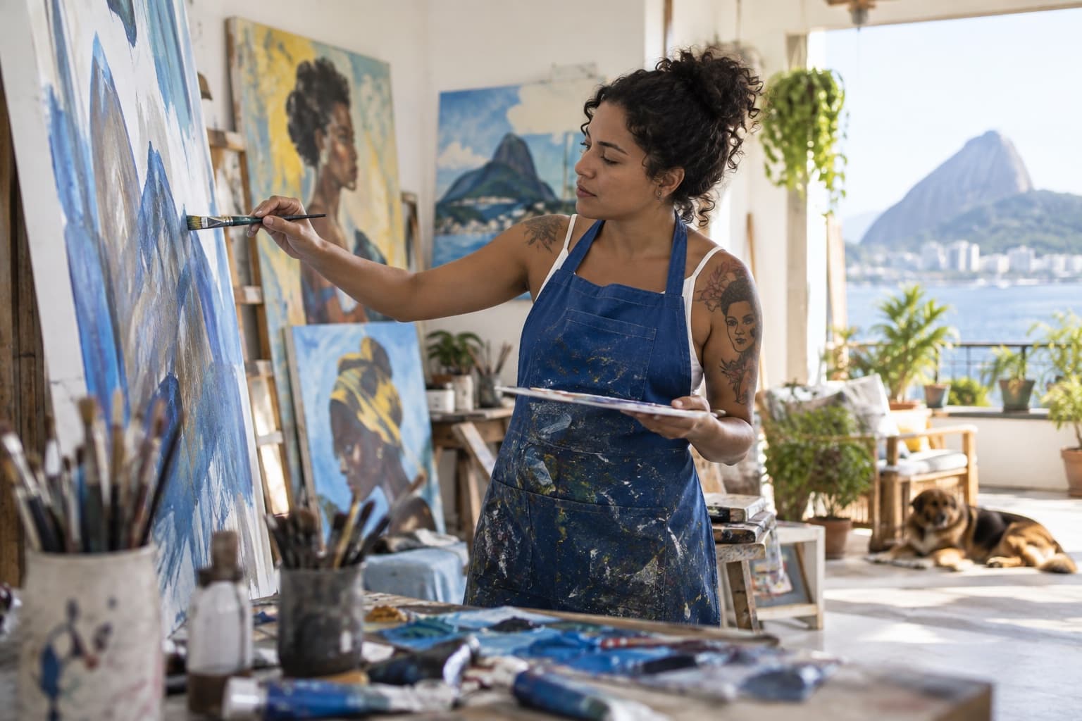 Artista plástica de avental azul pintando tela grande em ateliê claro com quadros encostados na parede