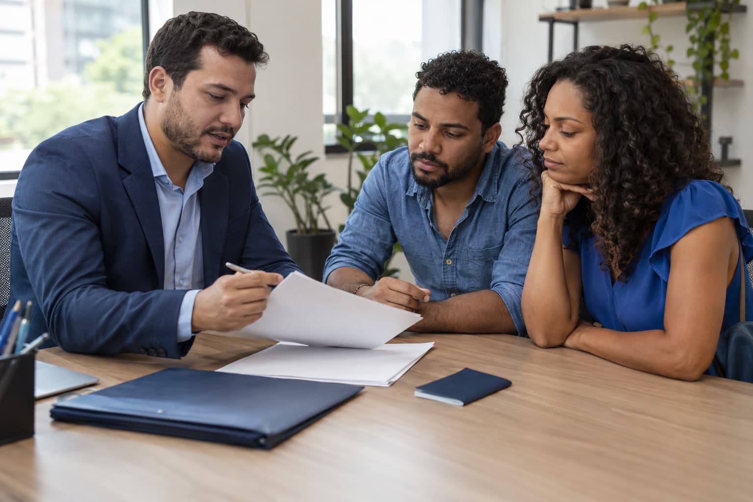 Consultora revisando papéis com um casal em uma mesa de escritório, com um passaporte fechado e uma pasta à frente