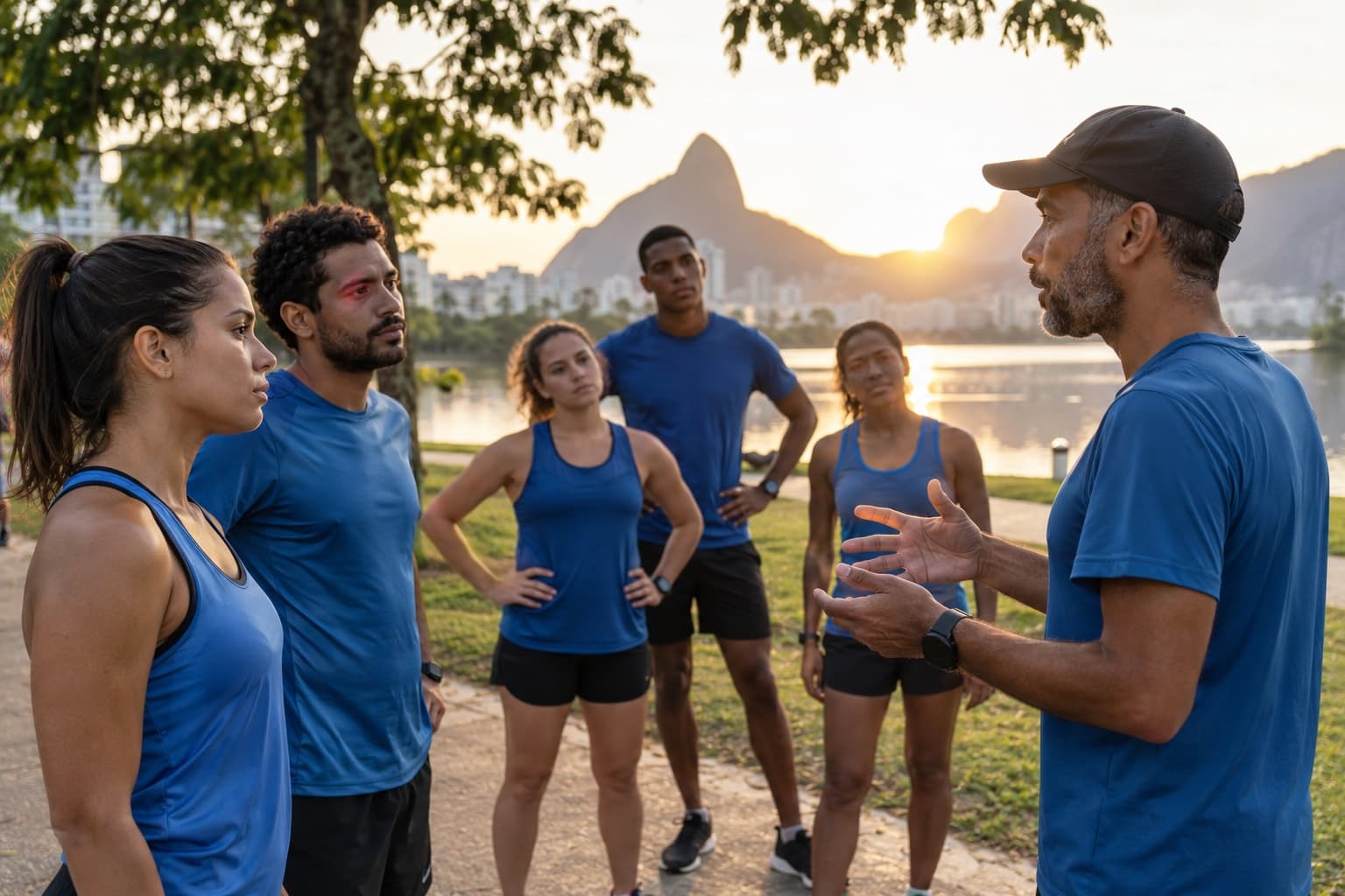 Treinador de corrida orientando um grupo de corredores amadores de camiseta azul num parque ao amanhecer