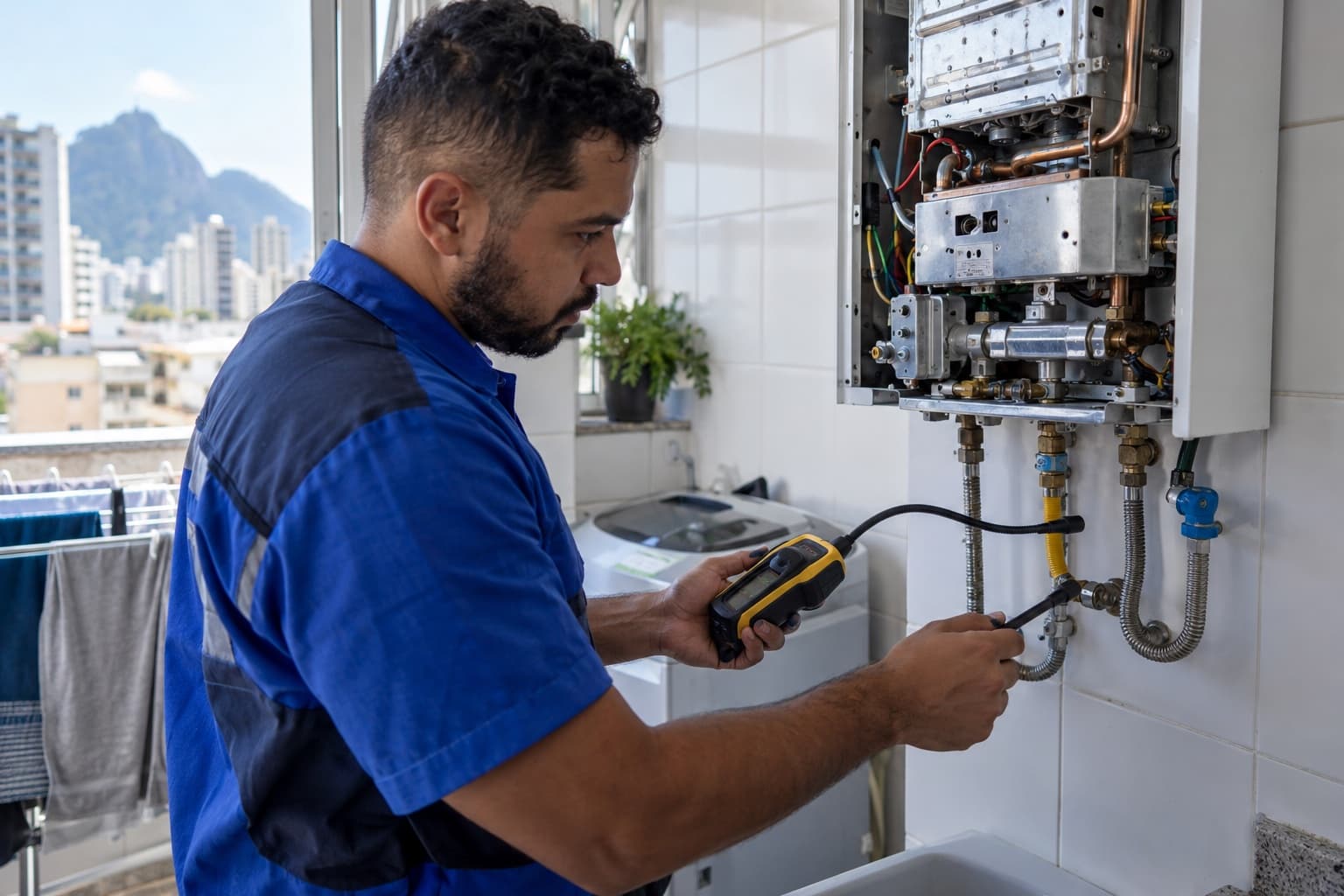 Técnico consertando um aquecedor a gás de parede na área de serviço de um apartamento, com a tampa frontal removida e um detector de gás na mão