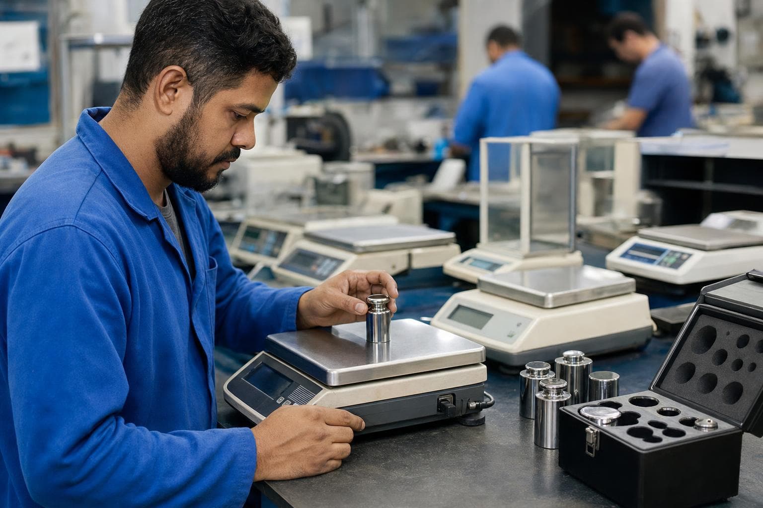 Técnico calibrando uma balança de plataforma com pesos padrão de aferição
