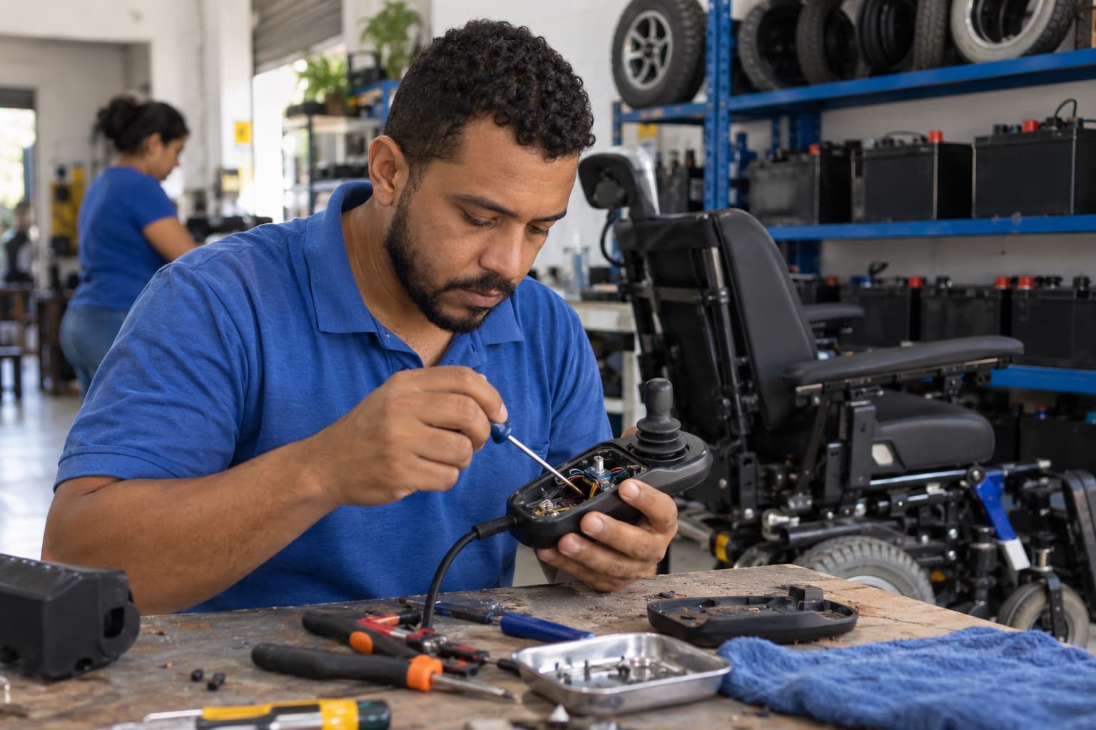 Técnico consertando o controle joystick de uma cadeira de rodas motorizada sobre a bancada de uma oficina pequena, com baterias e rodas nas prateleiras