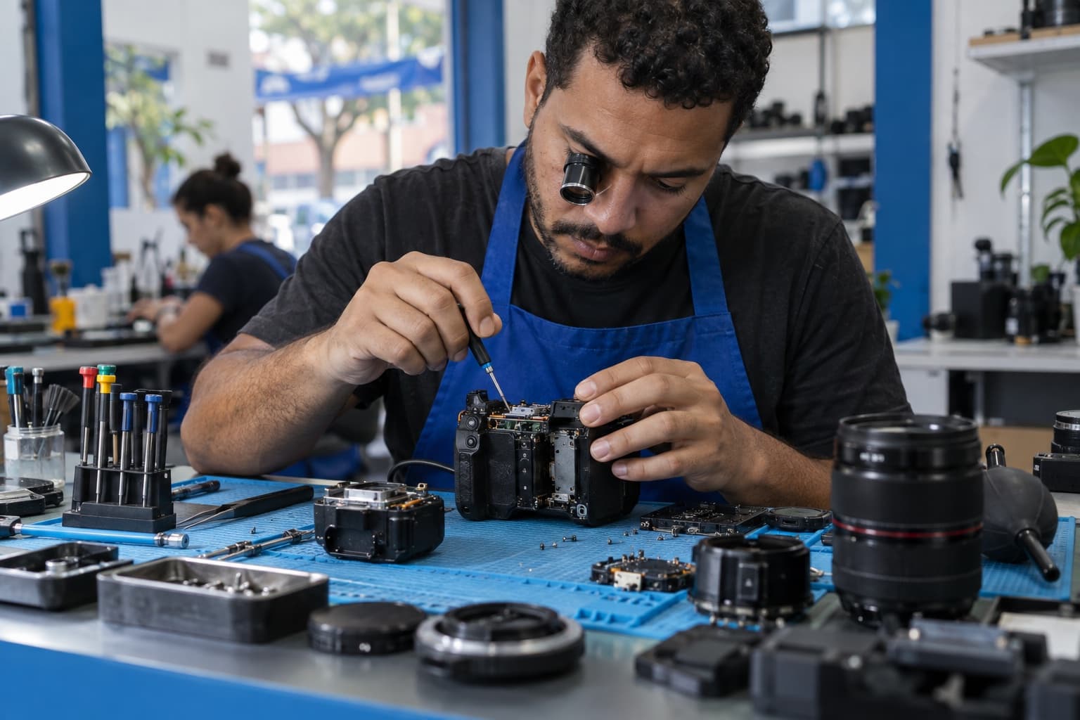 Técnico de avental azul consertando câmera DSLR desmontada e lentes em bancada antiestática com chaves de precisão