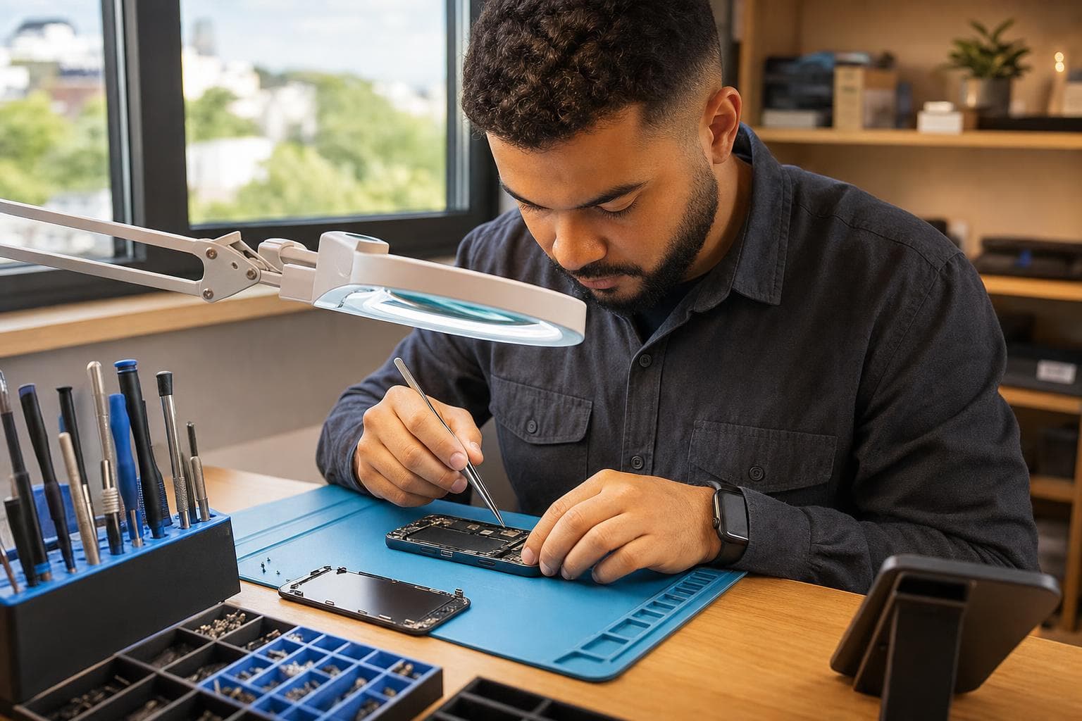 Técnico usando pinça de precisão em um celular aberto na bancada de uma assistência técnica