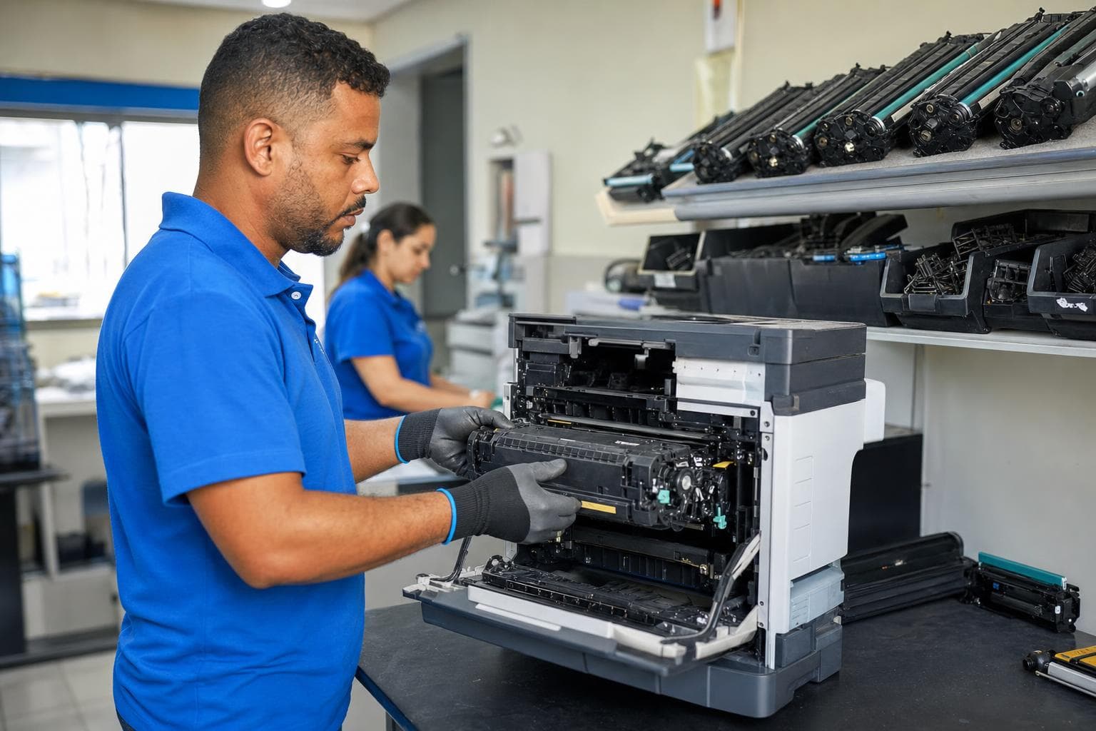 Técnico substituindo o fusor de uma impressora laser multifuncional aberta sobre a bancada