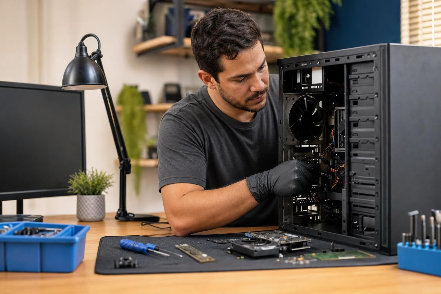 Técnico instalando um SSD em um notebook aberto sobre a bancada de uma assistência de informática