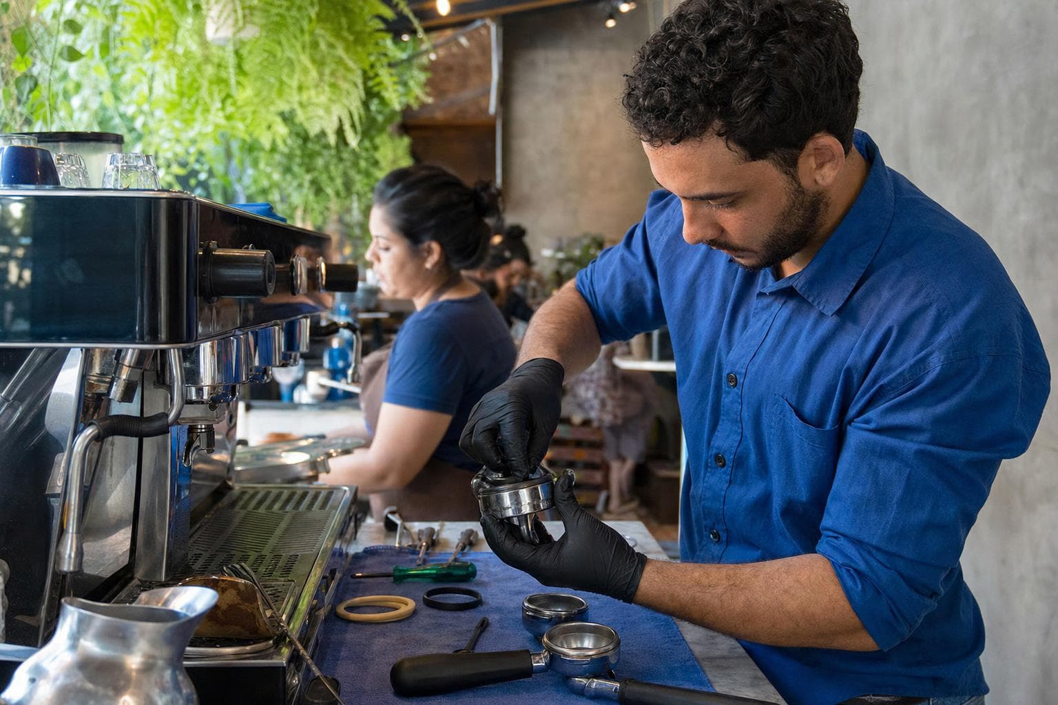 Técnico fazendo manutenção no grupo de extração de uma máquina de espresso profissional em uma cafeteria