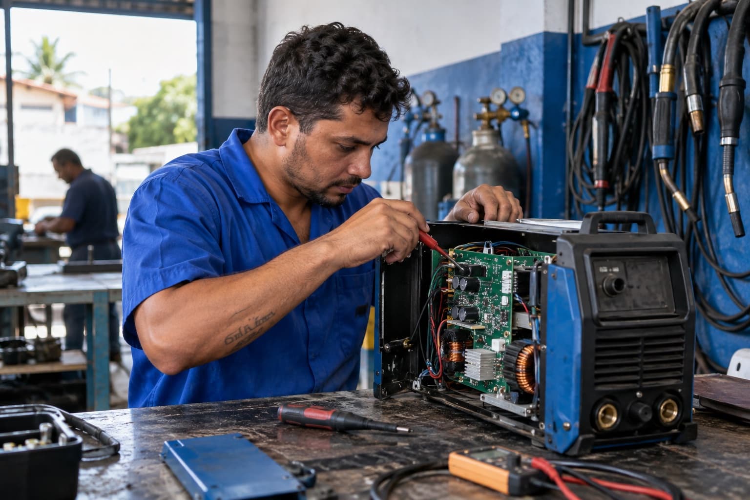 Técnico de camisa azul consertando uma máquina de solda inversora aberta sobre a bancada, com placas expostas e tochas penduradas na parede