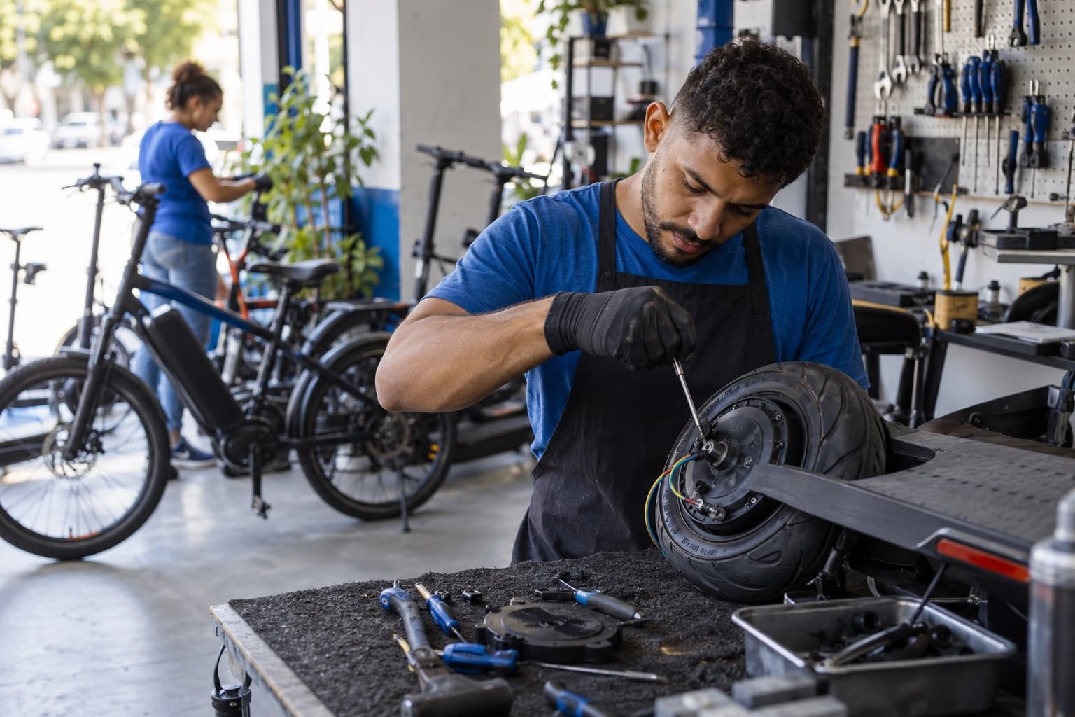 Técnico consertando o motor de roda de um patinete elétrico na bancada, com bicicletas e patinetes aguardando