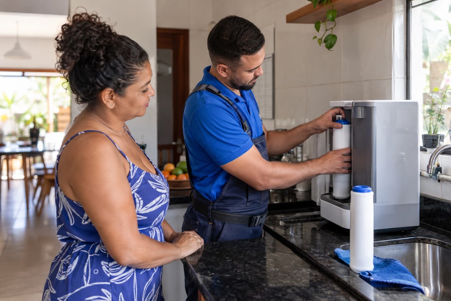 Técnico trocando o filtro de um purificador de água de bancada em uma cozinha, enquanto a moradora observa