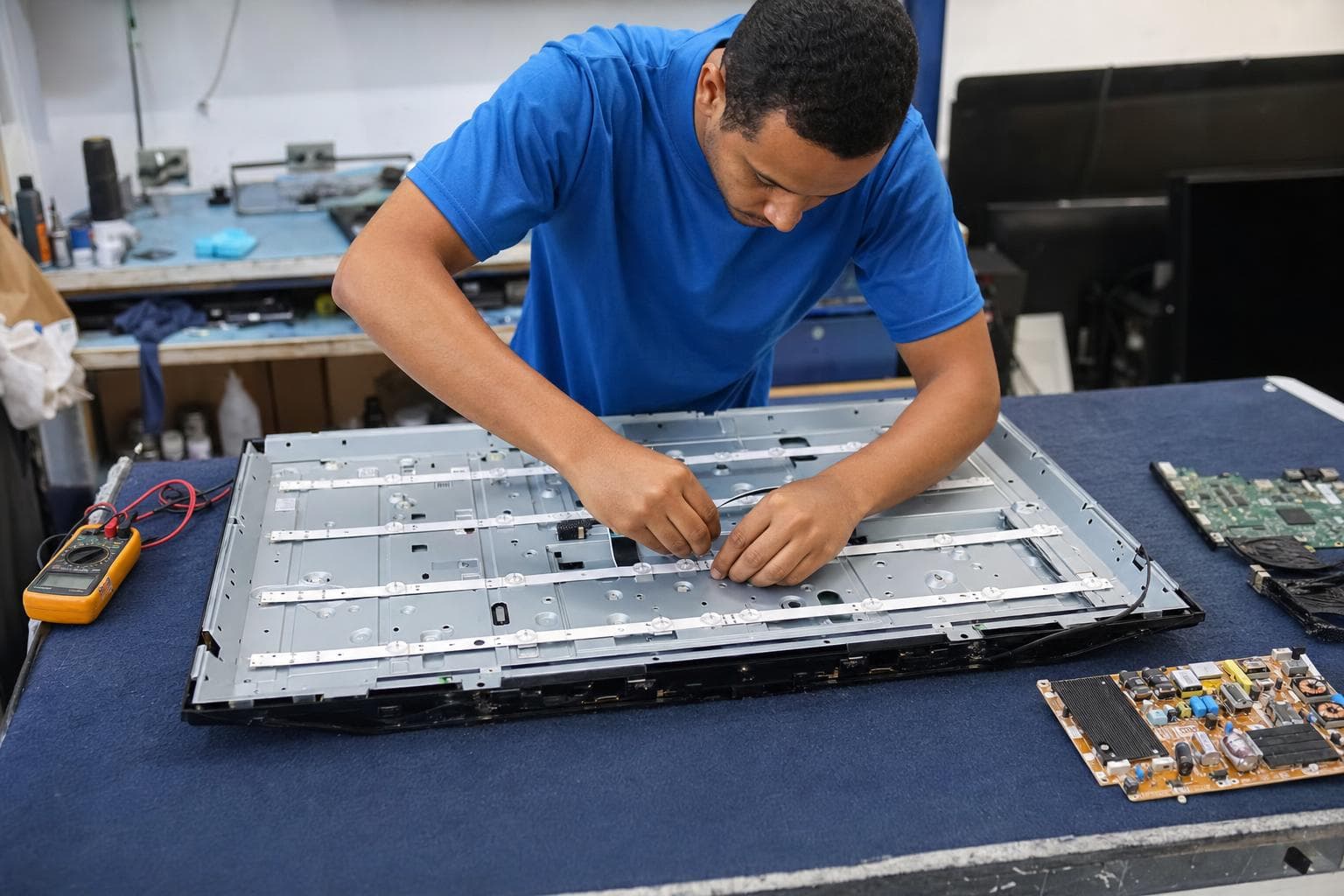 Técnico trocando a barra de LED de uma TV de tela grande deitada sobre a bancada acolchoada