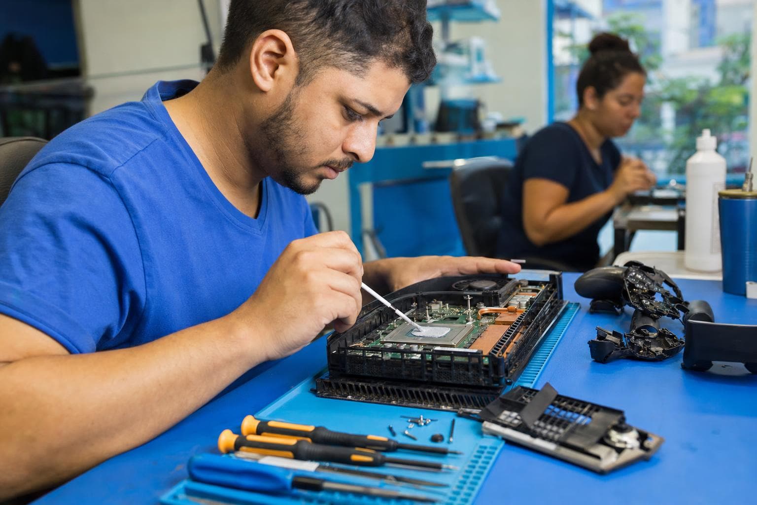 Técnico trocando a pasta térmica de um console de videogame aberto na bancada, com controles desmontados ao lado