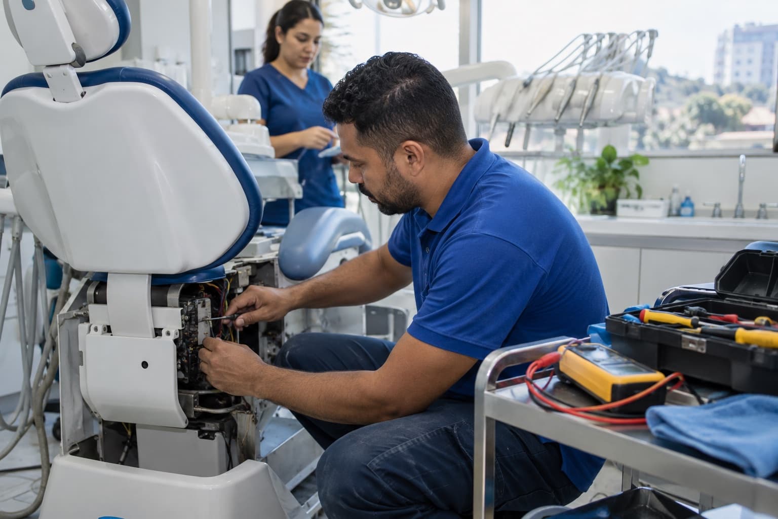 Técnico de camisa polo azul consertando o painel de uma cadeira odontológica numa clínica, com caixa de ferramentas e multímetro num carrinho ao lado