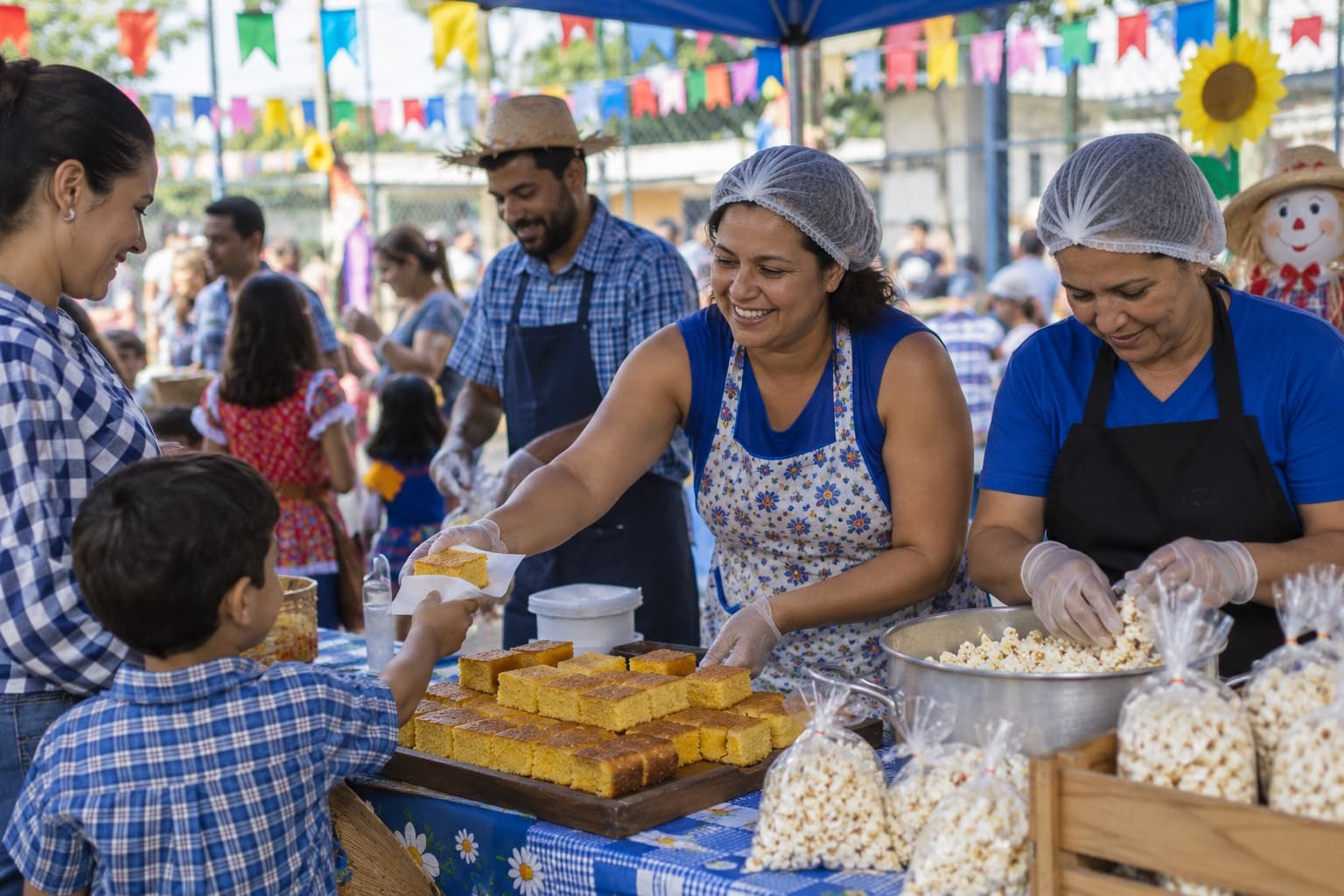 Pais voluntários vendendo bolo de milho e pipoca em barraca de festa junina no pátio da escola, com bandeirinhas coloridas