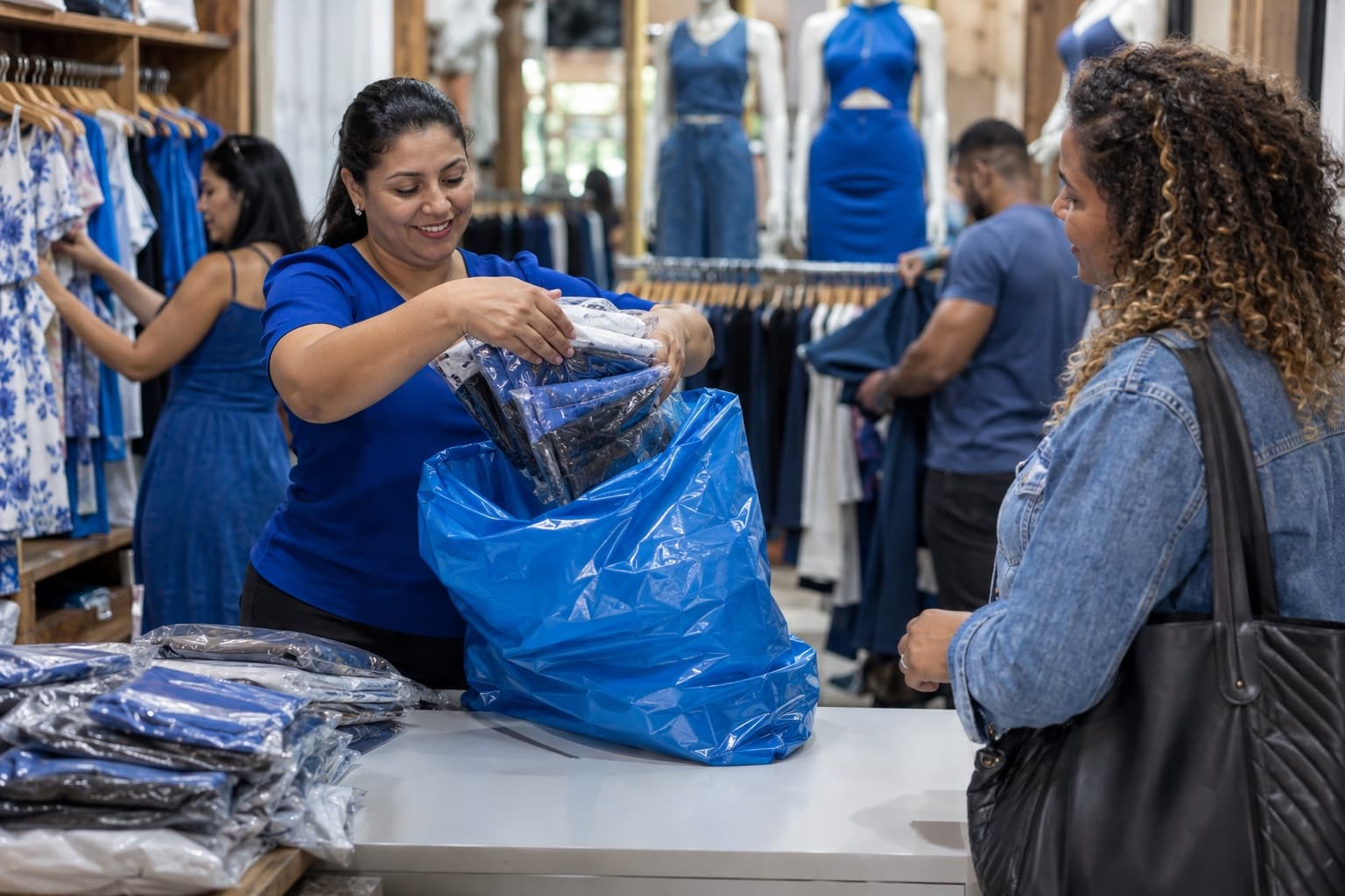 Vendedora embalando um grande saco de roupas para uma cliente revendedora numa loja de atacado com araras cheias