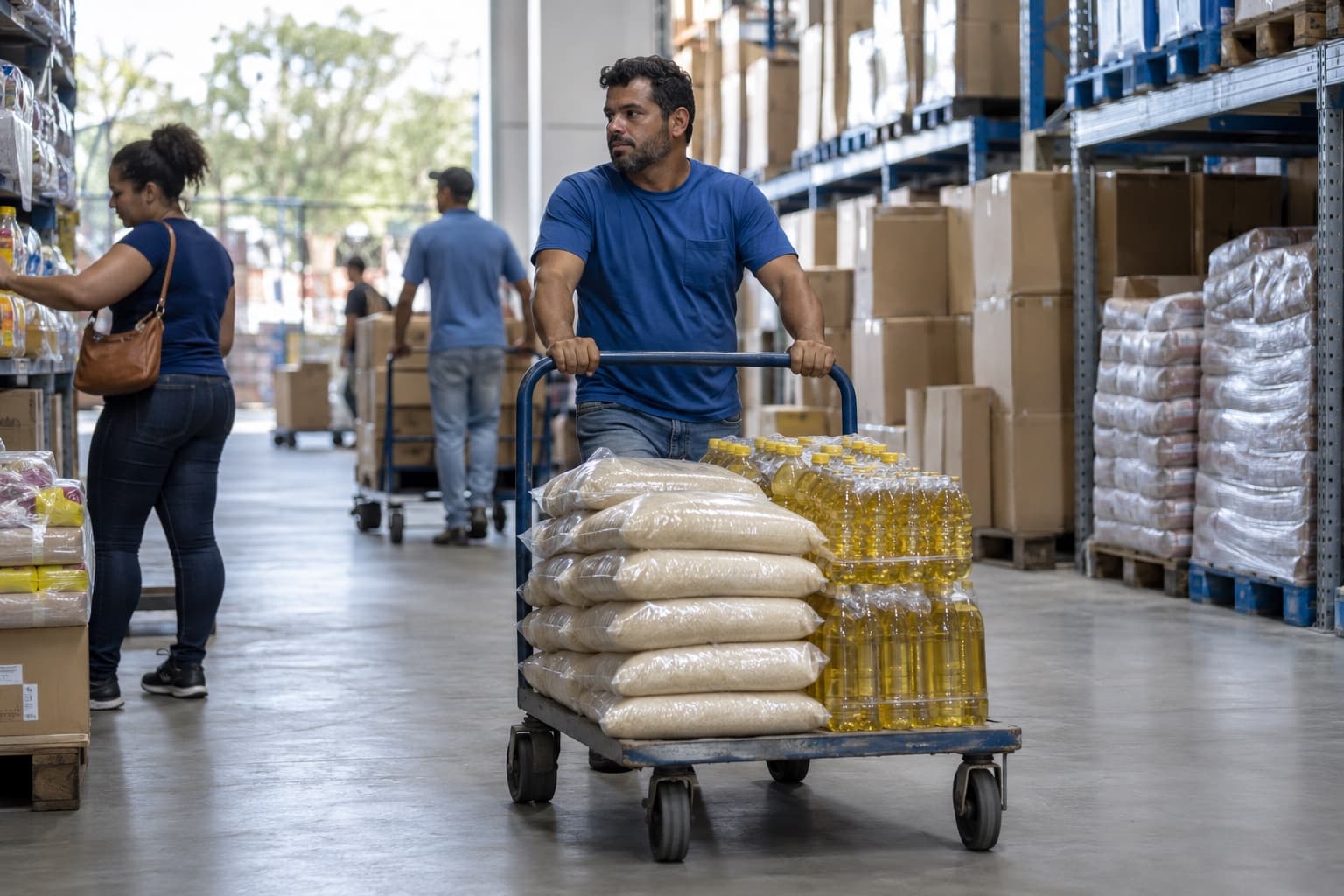 Cliente empurrando carrinho plataforma com fardos de arroz e óleo entre porta-paletes de um atacarejo