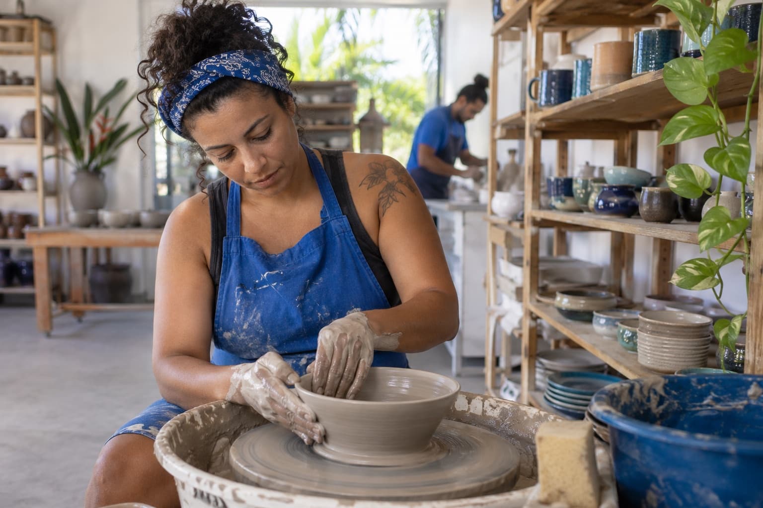 Ceramista de avental azul modelando uma tigela no torno num ateliê claro com prateleiras de canecas esmaltadas ao fundo