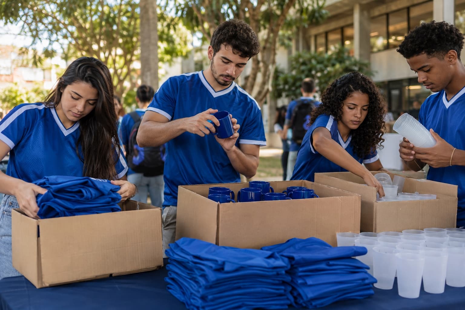 Estudantes com camisas azuis da atlética contando camisetas, canecas e copos em uma mesa no campus