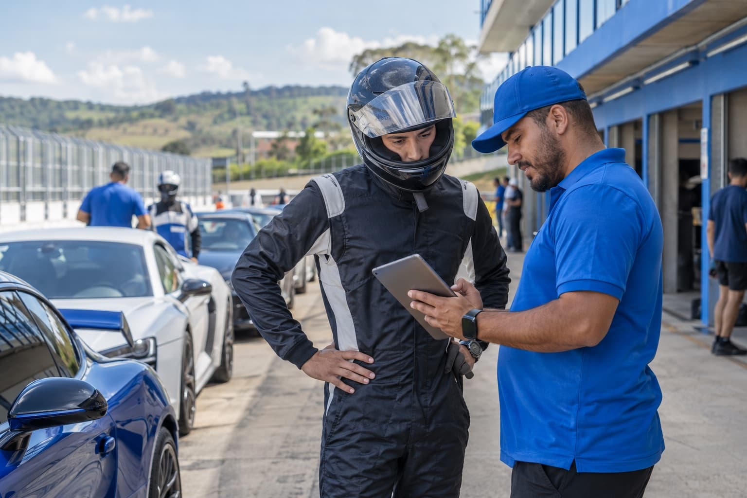 Paddock de autódromo em dia de track day com carros alinhados no pit lane e funcionário de azul conferindo inscrição em tablet