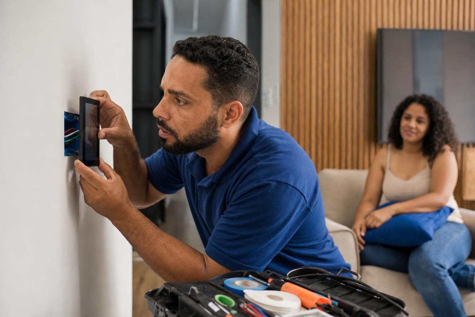 Técnico configurando um painel de automação instalado na parede de uma sala