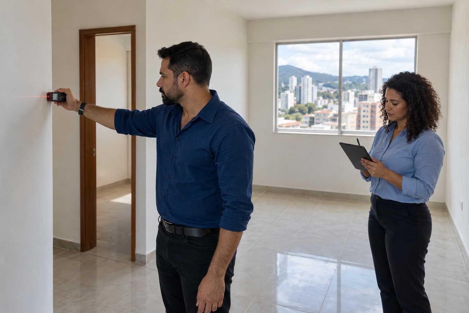 Avaliador medindo um cômodo vazio de apartamento com trena a laser e anotando no tablet, com janela para a cidade ao fundo