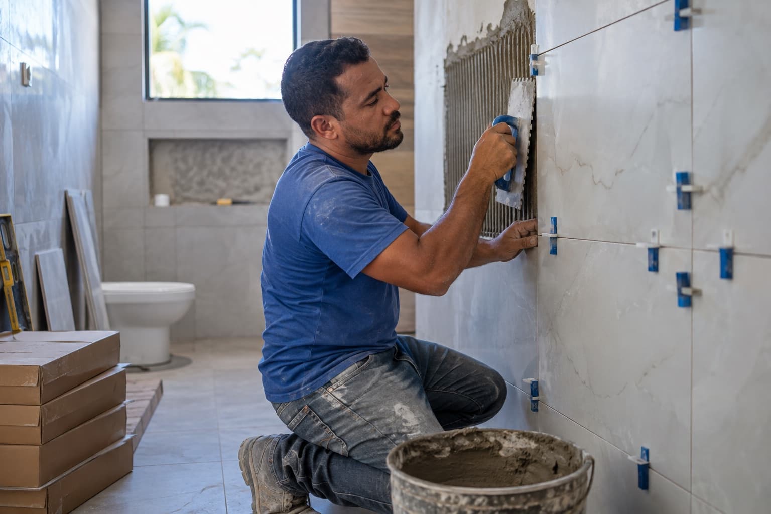 Azulejista de camiseta azul assentando porcelanato grande na parede de um banheiro com espaçadores niveladores e desempenadeira, com caixas de piso e balde de argamassa no chão