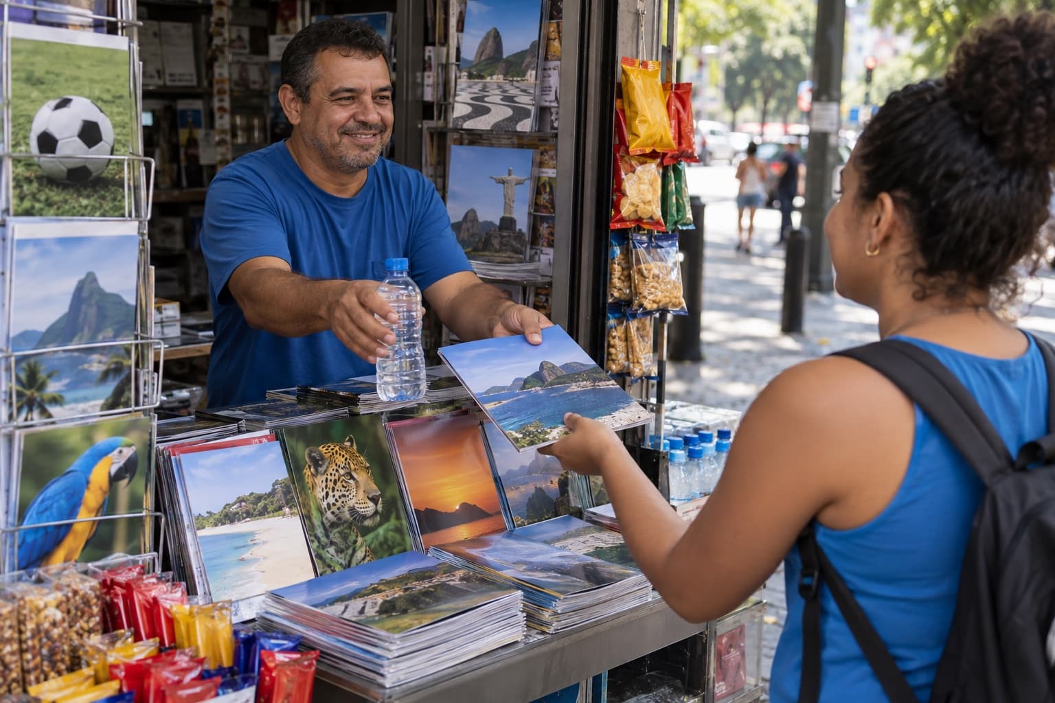 Dono de banca de camisa azul entregando uma revista e uma garrafa de água a um cliente numa banca de calçada, com álbuns de figurinhas e salgadinhos expostos