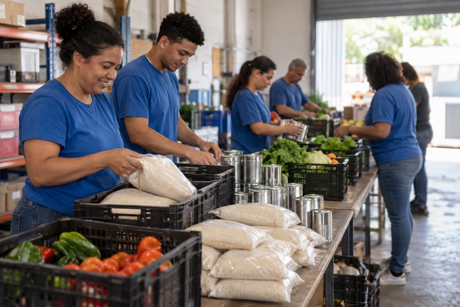Voluntários separando sacos de arroz, enlatados e verduras doados em caixas plásticas no galpão de um banco de alimentos
