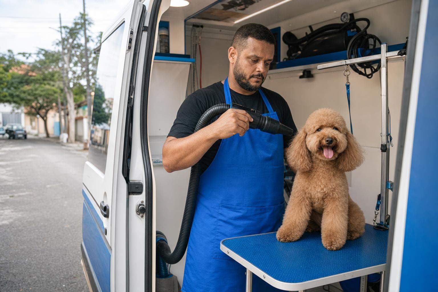 Tosadora secando um poodle dentro de uma van de banho e tosa estacionada na rua