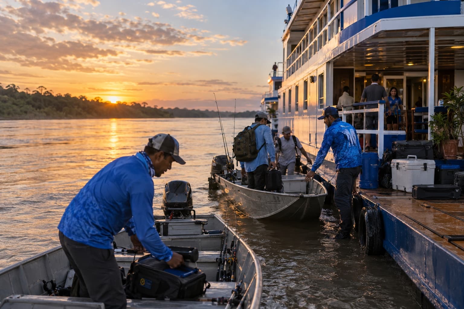 Barco-hotel atracado num rio largo ao nascer do sol com pescadores embarcando em voadeiras de alumínio