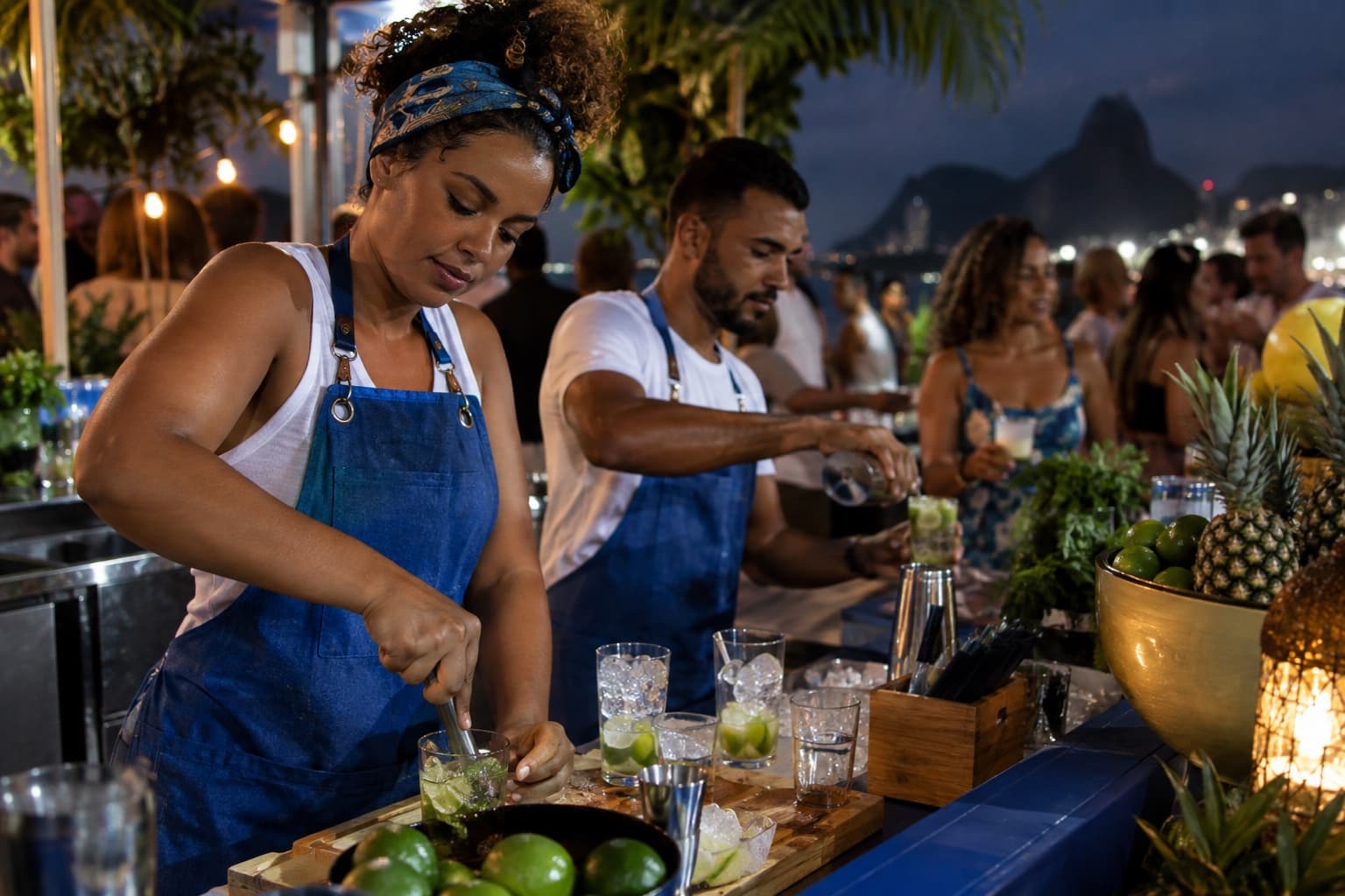 Bartenders de avental azul preparando caipirinhas no balcão de um bar móvel numa festa ao ar livre à noite