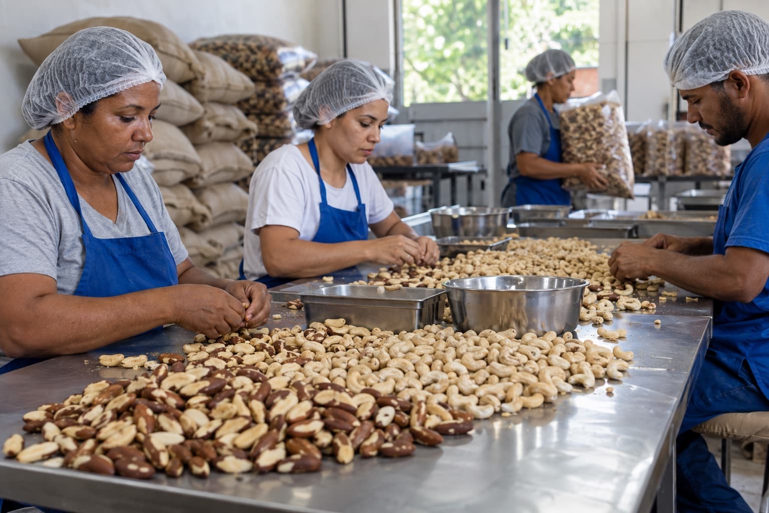 Trabalhadoras de avental azul e touca separando castanhas descascadas numa mesa de inox de uma pequena beneficiadora
