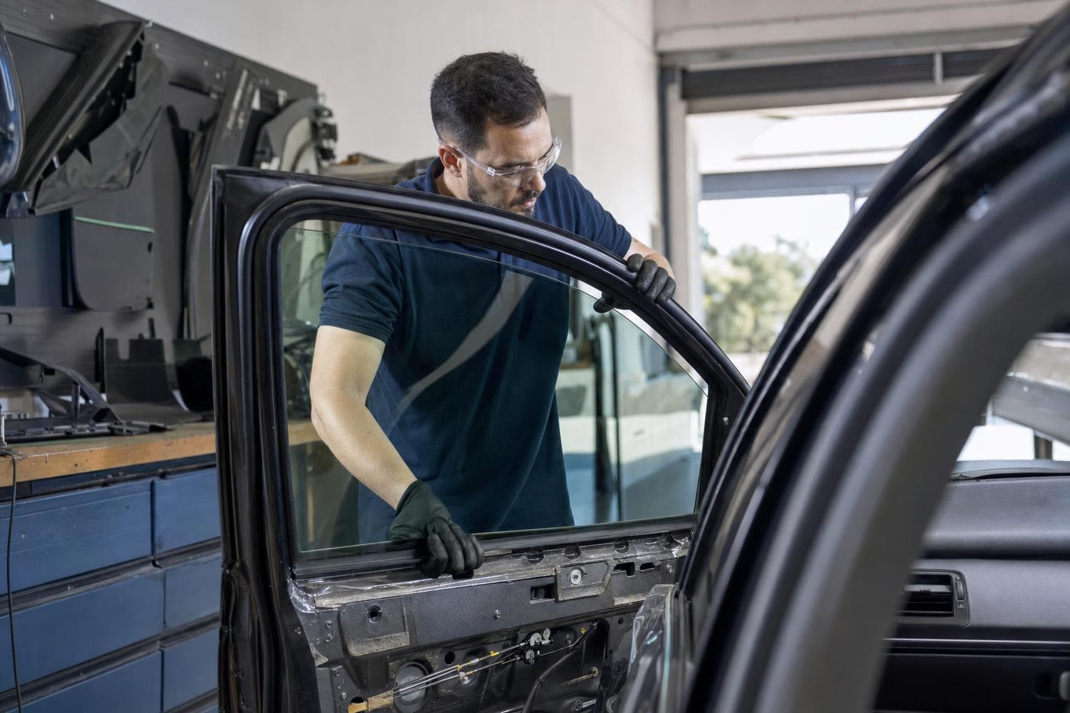 Técnico aplicando manta balística na porta desmontada de um carro dentro de uma blindadora