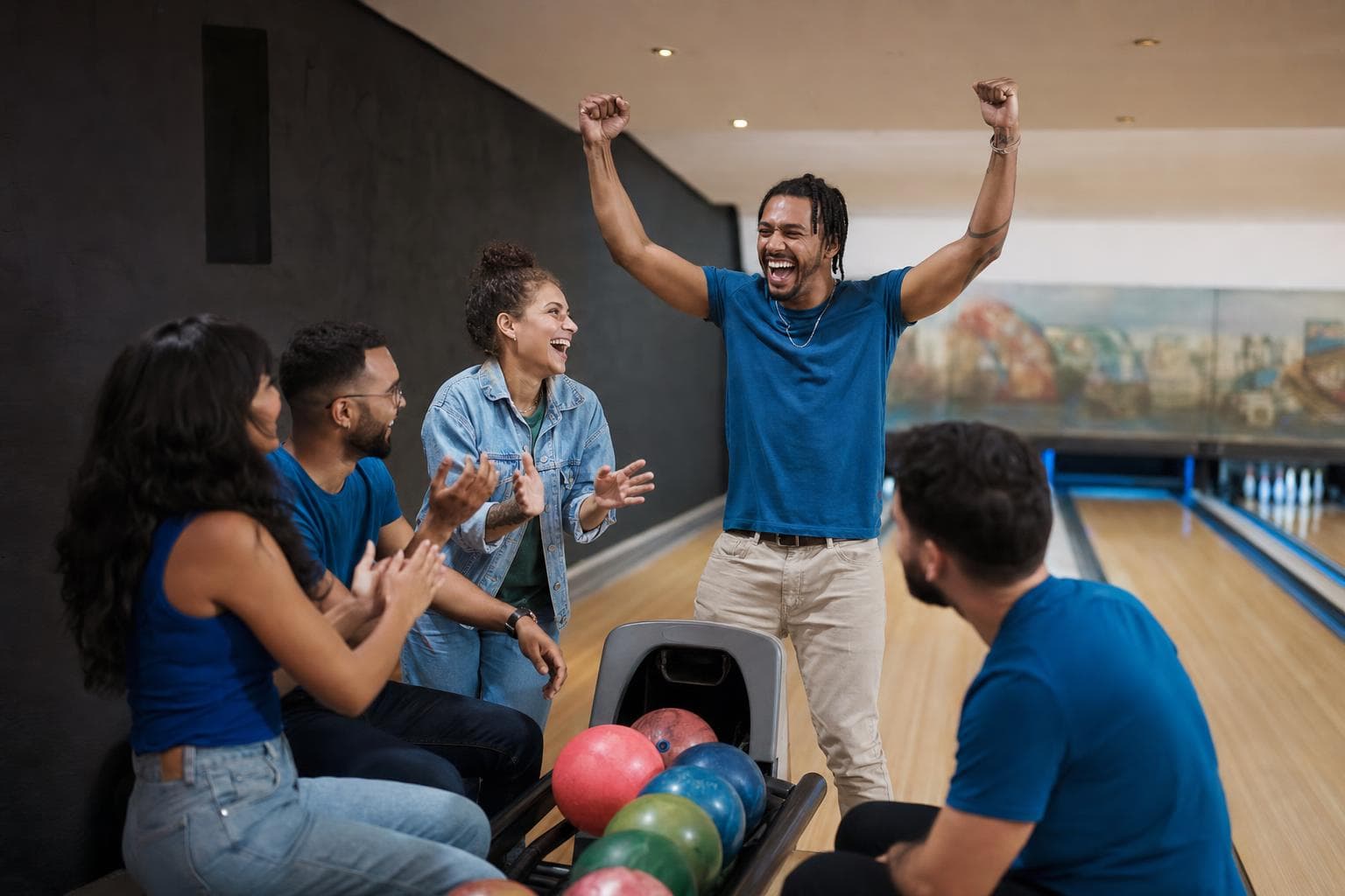 Amigos comemorando um strike em uma pista de boliche
