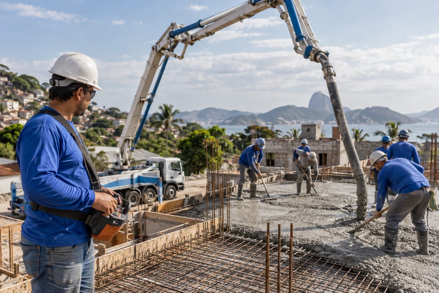 Caminhão-bomba com a lança estendida lançando concreto numa laje em construção, com o operador de camisa azul segurando o controle remoto e pedreiros espalhando o concreto