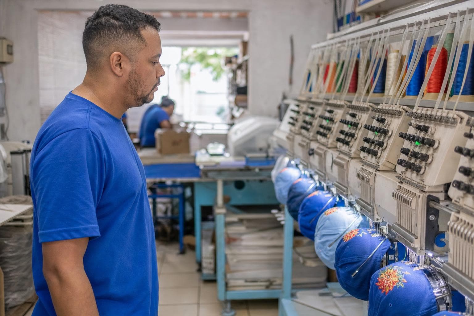 Operador acompanhando uma máquina de bordar multicabeças bordando bonés