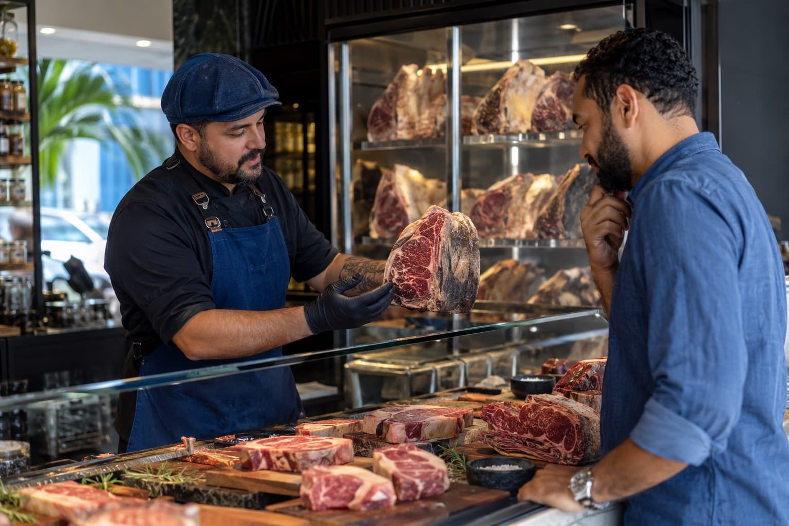 Açougueiro de avental azul mostrando a um cliente uma peça de carne maturada ao lado de uma câmara de maturação com porta de vidro em uma boutique de carnes