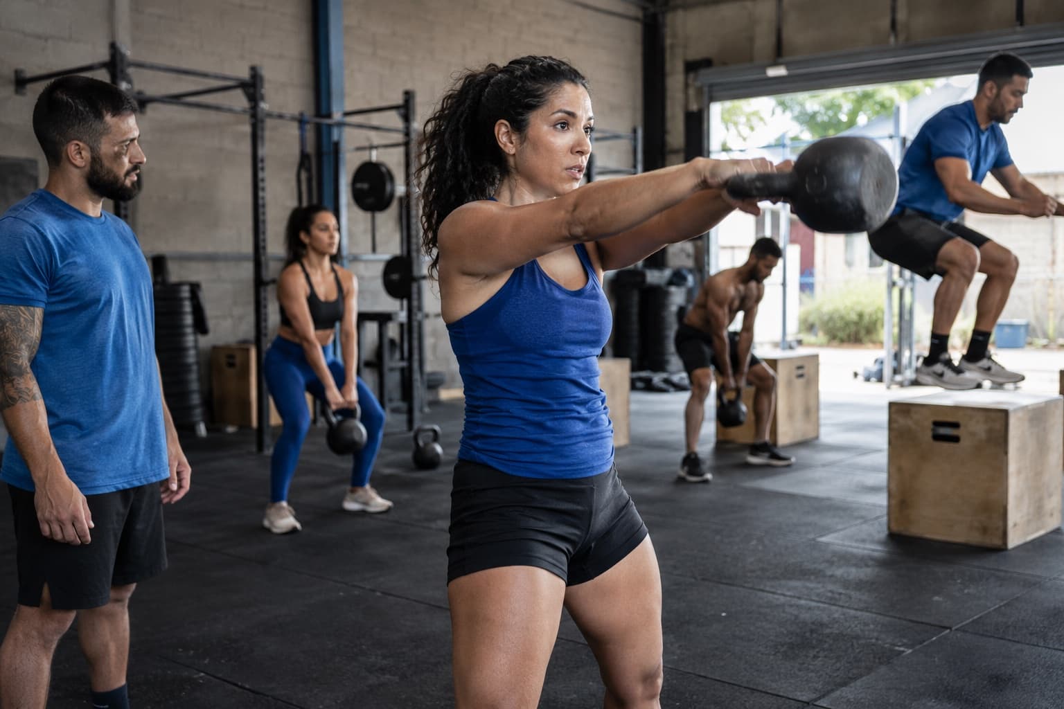 Aula em grupo num box com atletas fazendo kettlebell swing e salto na caixa sob a supervisão do coach